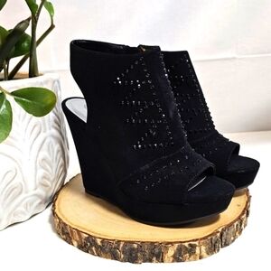 Bella Vita Black Rhinestone Wedge Sandal Size 7.5 – Peep Toe, Side Zip, Platform